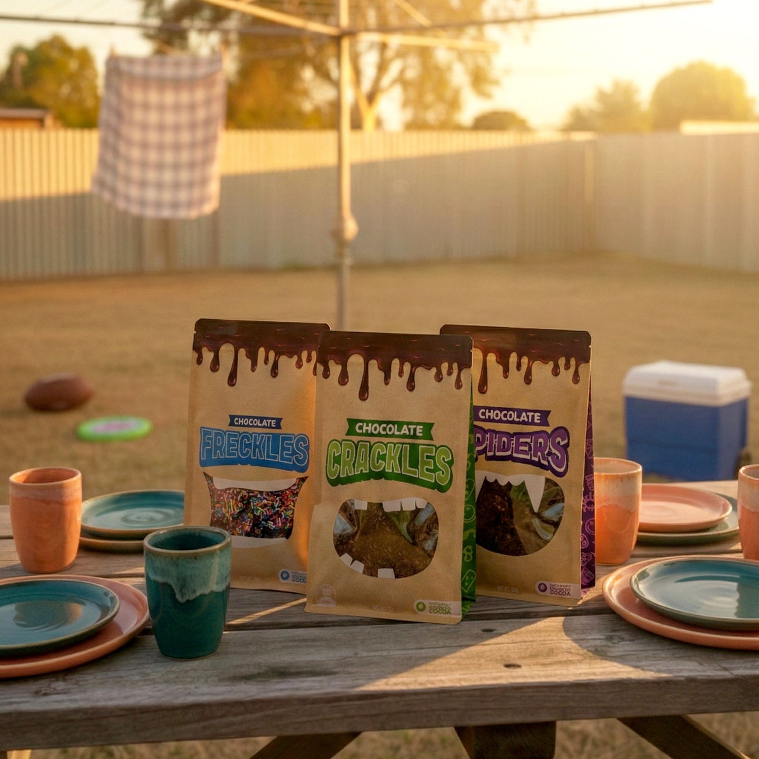 The CHOC’D FULL Freckles, Crackles and Spiders range on a table in the Australian afternoon sun